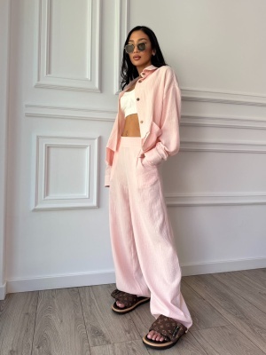 Compleu din muselină SANTORINI LOVE, cămașă scurtă și pantaloni largi roz pudrat