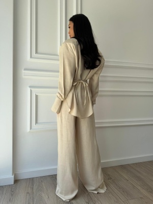 Compleu KALYSSA din material fluid, 2 piese, cămașă și pantaloni tip oversized crem - Img 2