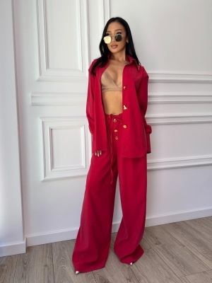 Compleu lung, 2 piese, cămașă și pantaloni largi din cupro ELARA BELLE rosu