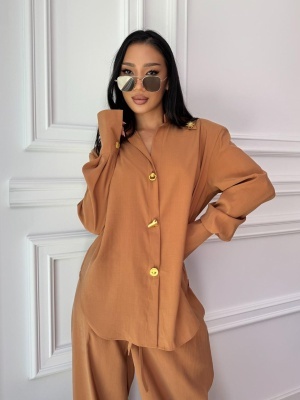 Compleu lung, 2 piese, cămașă și pantaloni largi din cupro ELARA BELLE caramel - Img 5