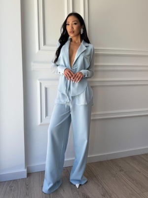 Compleu lung, 2 piese, cămașă și pantaloni tip oversize SUNSHINE FLOW albastru