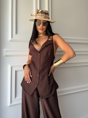 Compleu MELISSA, mocha, top cu bretele și pantaloni palazzo, cu croială fluidă - Img 3