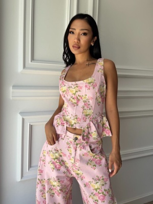Compleu MIREYA, roz floral, din denim, cu top cambrat și pantaloni wide leg - Img 4