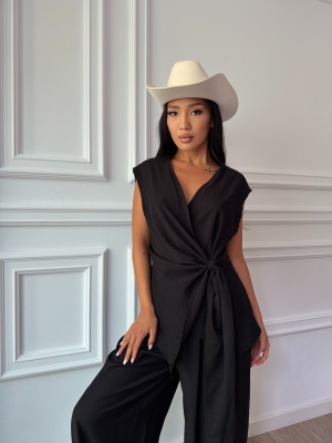 Compleu NADINE, negru, elegant, cu bluză petrecută și pantaloni palazzo - Img 3