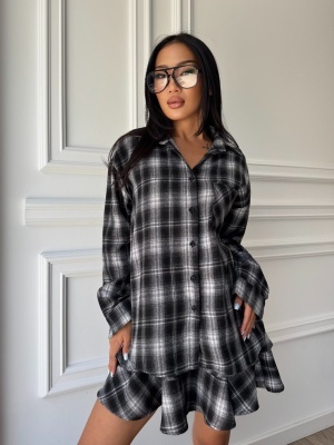 Compleu NATALIA, gri cu negru și alb, cu cămașă în carouri și fustă scurtă în volane - Img 2