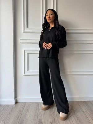 Compleu negru, lung din două piese CARISSA, hanorac cu fermoar și pantaloni lejeri - Img 2