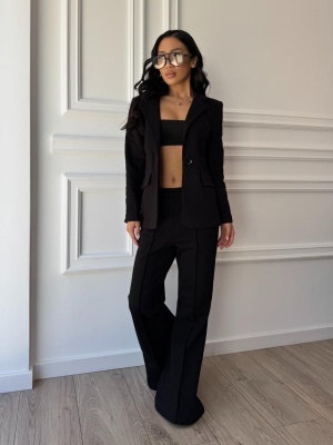 Compleu negru VIVIAN, din bumbac premium, sacou elegant și pantaloni evazați