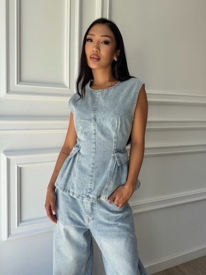 Compleu OLIWIA din denim, albastru deschis, cu top cambrat și pantaloni wide leg - Img 3