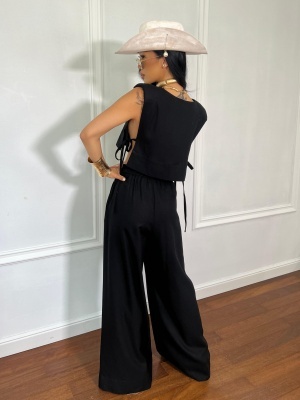 Compleu RANIA, negru, din in natural, top lejer și pantaloni largi pentru zile călduroase - Img 4