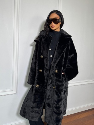 Haină de blană eco OLGA, tip palton lung, elegant, oversized, neagră - Img 2