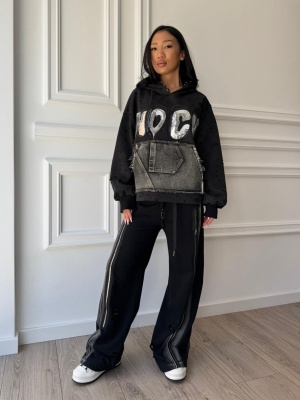 Pantaloni de trening LILITH, tip oversized, cu dungi laterale și detalii cu fermoar