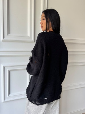 Pulover EVELINA tricotat cu efect distressed, negru, croială oversized și detalii decorative - Img 2