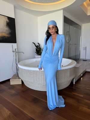 Rochie NOIRA, bleu, maxi, cu decolteu adânc și croială mulată