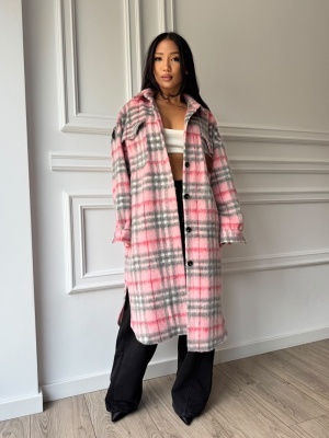 Trench VIVIANA în carouri, accente roz, cu croială lungă și design oversized - Img 2