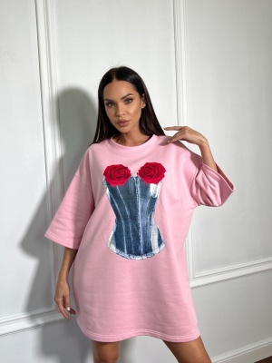 Tricou cu imprimeu ROSE, tip oversize roz