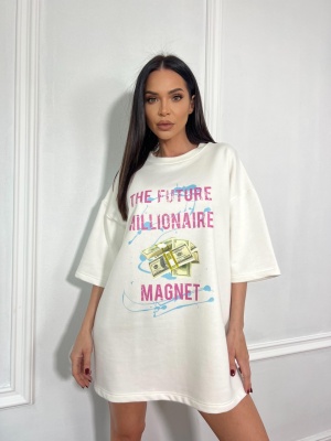 Tricou cu imprimeu tip oversize MILLIONAIRE alb