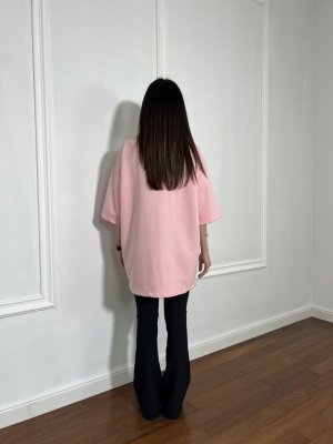 Tricou cu imprimeu tip oversize PARIS roz - Img 3