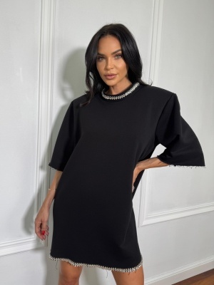 Tricou tip rochie, cu umeri structurați și accesorii MELINA negru-argintiu