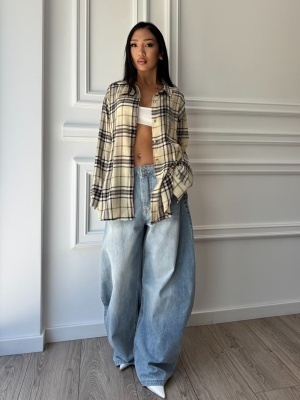 Cămașă casual ALIONA, cu mâneci lungi, ușor oversized, beige în carouri - Img 3