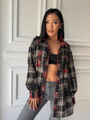 Cămașă casual EMILIA, cu mâneci lungi, tip oversized în tonuri de negru și roșu