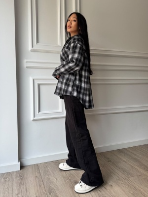 Cămașă INGRID, gri și negru, în carouri, cu croială lejeră și design oversized - Img 3