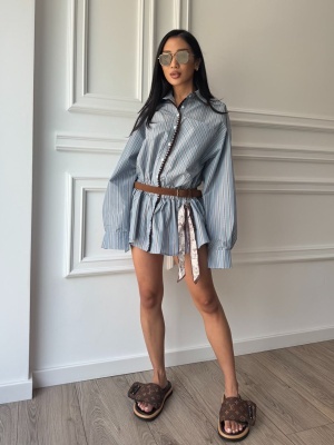 Cămașă-rochie NATALI, cu croială oversized, talie evidențiată și imprimeu în dungi - Img 3