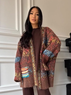 Cardigan MAXINE, maro, cu imprimeu multicolor și croială oversized