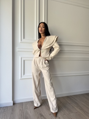 Compleu AMBRA, ivoire, elegant, cu sacou statement și pantaloni palazzo - Img 2