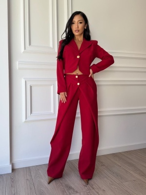 Compleu ARIANNA din stofă, două piese, roșu intens, sacou cambrat și pantaloni largi - Img 4