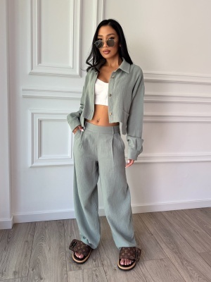 Compleu din muselină SANTORINI LOVE, cămașă scurtă și pantaloni largi verde salvie