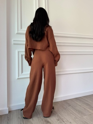 Compleu din muselină SANTORINI LOVE, cămașă scurtă și pantaloni largi camel - Img 2