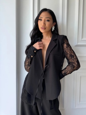 Compleu elegant NOIR LACE, cămașă cu rever tip sacou, inserții din dantelă și pantaloni lungi - Img 4