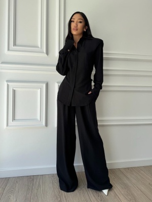 Compleu KALYSSA din material fluid, 2 piese, cămașă și pantaloni tip oversized negru - Img 4