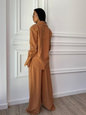 Compleu lung, 2 piese, cămașă și pantaloni largi din cupro ELARA BELLE caramel - Img 2