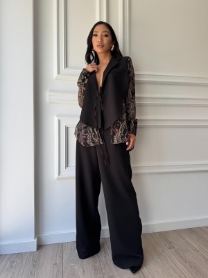 Compleu lung, 2 piese, cămașă și pantaloni tip oversize ONYX FLARE negru
