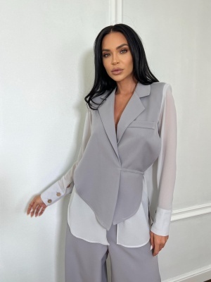 Compleu lung, 2 piese, cămașă și pantaloni tip oversize SUNSHINE FLOW gri - Img 3