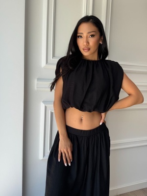 Compleu MAELLE, negru, cu top drapat și pantaloni palazzo - Img 3