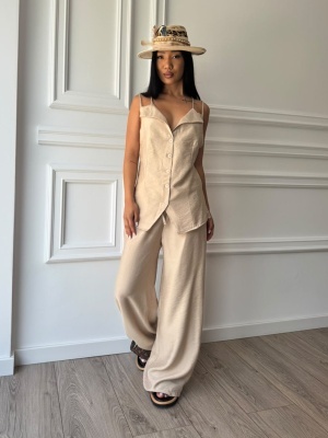 Compleu MELISSA, bej, top cu bretele și pantaloni palazzo, cu croială fluidă - Img 5