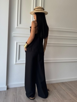 Compleu MELISSA, negru, top cu bretele și pantaloni palazzo, cu croială fluidă - Img 5