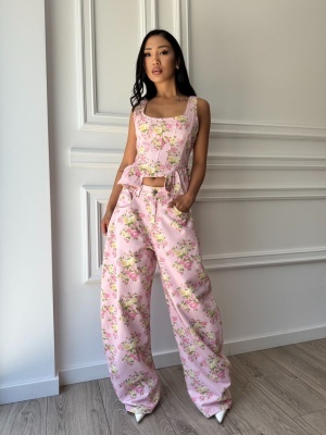 Compleu MIREYA, roz floral, din denim, cu top cambrat și pantaloni wide leg
