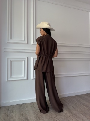 Compleu NADINE, ciocolatiu, elegant, cu bluză petrecută și pantaloni palazzo - Img 3