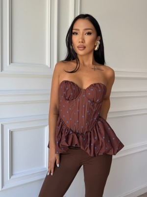 Corset AZALEA, maro, cu imprimeu floral și buline, cupe structurate și croială peplum