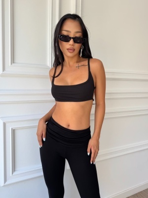 Pantaloni ELSIE, negru, din material elastic, cu talie înaltă drapată și croială evazată - Img 2