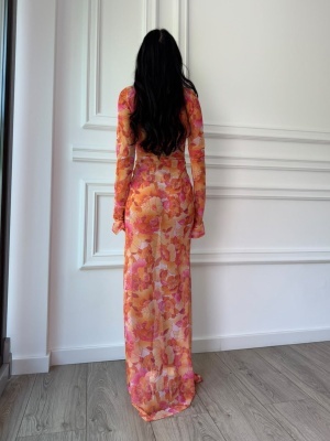 Rochie MOANA, maxi cu imprimeu floral tropical și decupaj frontal - Img 2