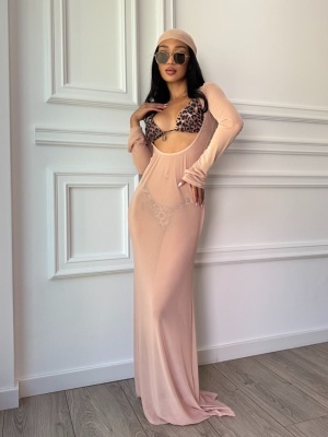 Rochie SAHARA, lungă mulată, cu mâneci lungi și decupaj în talie