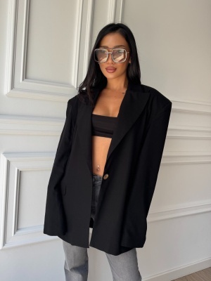 Sacou din in THEREZA, elegant, negru, cu croială lejeră și revere clasice