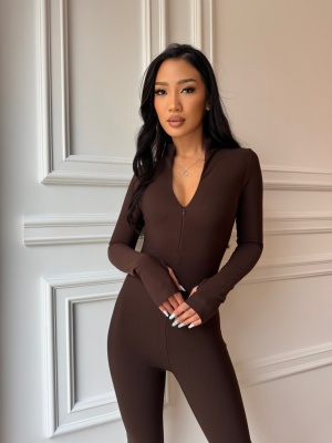 Salopetă modelatoare vatuita VIVIEN, cu mâneci lungi, mulată, maro