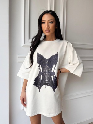 Tricou tip rochie oversized SYNTHIA, cu print corset, super statement, sexy-cool - Img 2