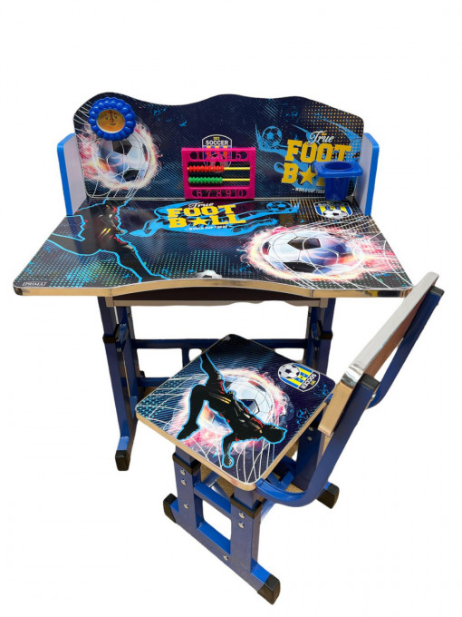 Birou pentru copii cu scaunel, numaratoare si ceas, FootBall, Bleumarin inchis - MSP-48