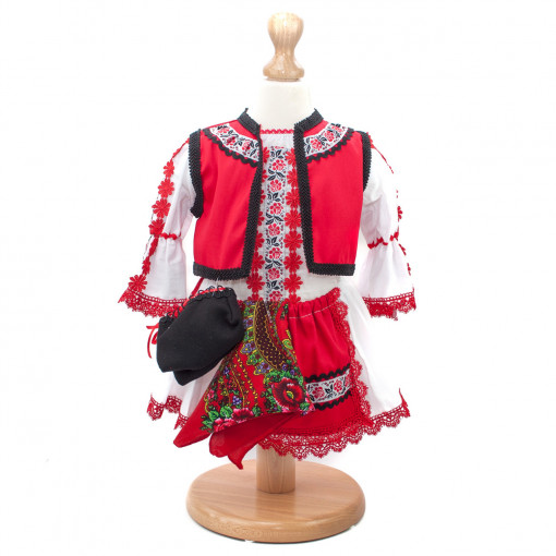 Costum popular pentru fetite cu vesta, batic si opinci - 6 piese - Alb-Rosu - RTF-15